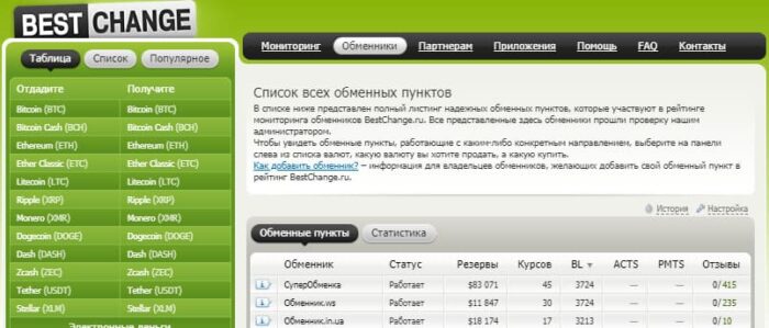 Интерфейс онлайн обменника